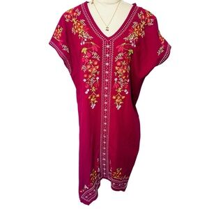 Embroidered Floral Mexican Kaftan Peasant Maxi Boho Dress Womens SZ 2X Plum Red